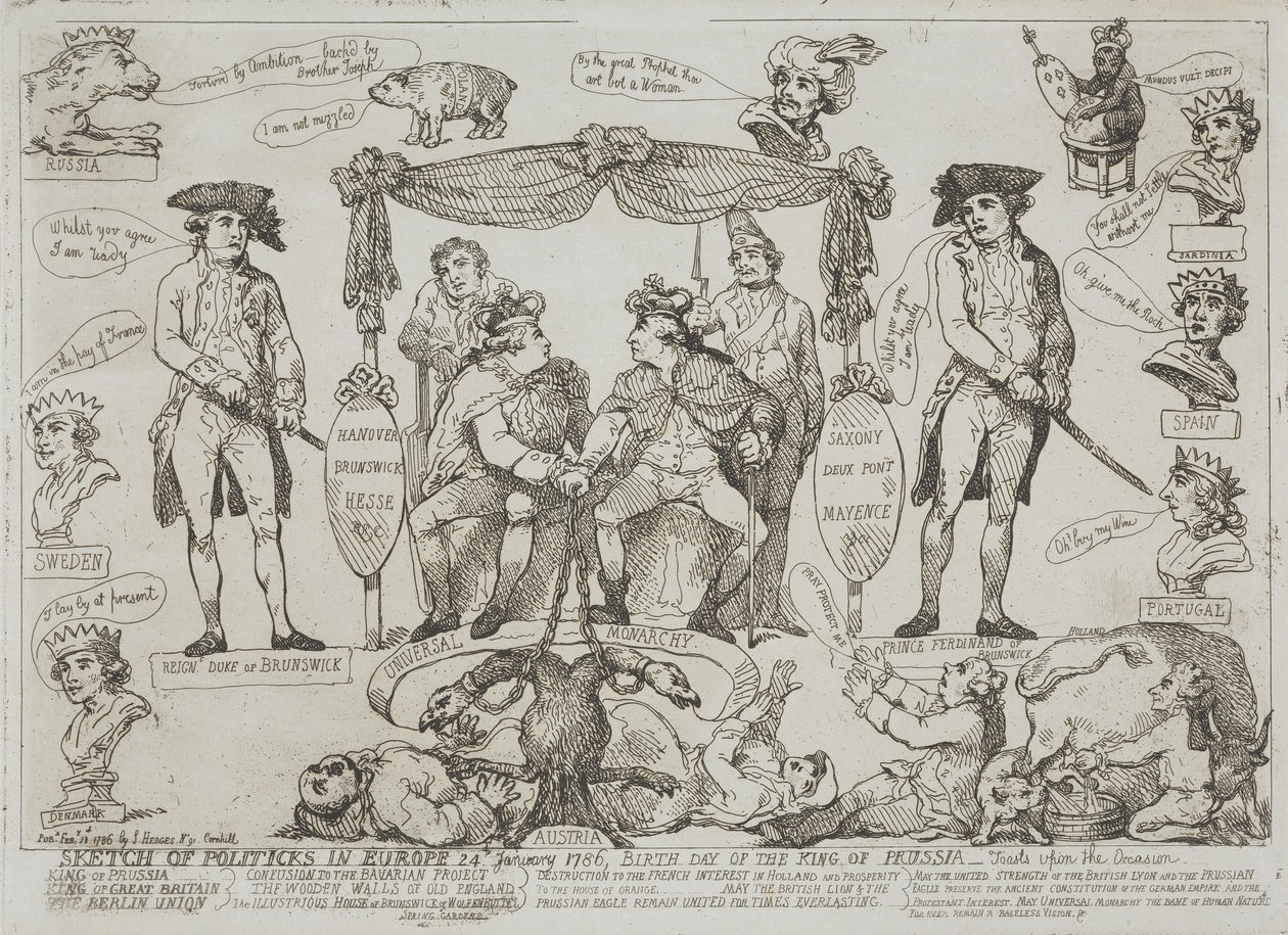 Politiek overzicht van Europa, 24 januari 1786 – Verjaardag van de koning van Pruisen door Thomas Rowlandson
