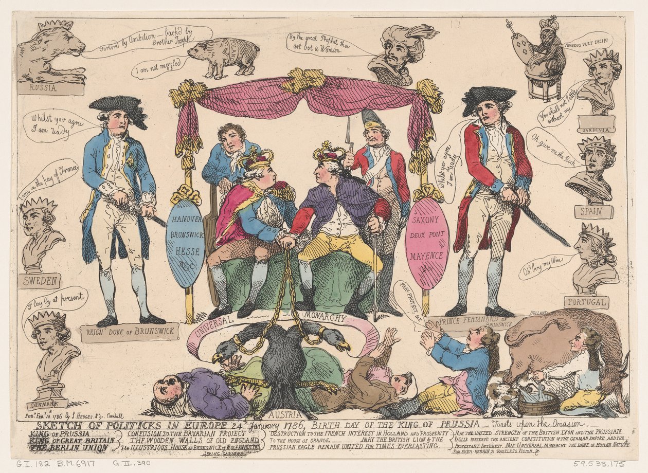 Schets van politiek in Europa, verjaardag van de koning van Pruisen, 10 februari 1786 door Thomas Rowlandson