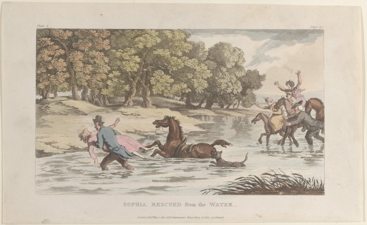 Sophia gered uit het water, uit The Vicar of Wakefield, 1 mei 1817 door Thomas Rowlandson