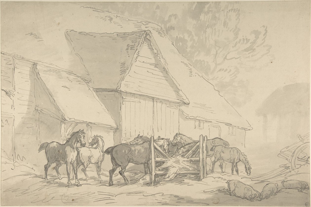 Stal met paarden door Thomas Rowlandson