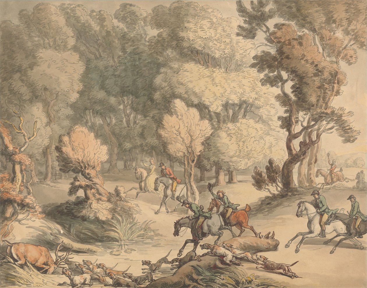 Een hert in het nauw – Taferel bij Taplow, Berks. door Thomas Rowlandson
