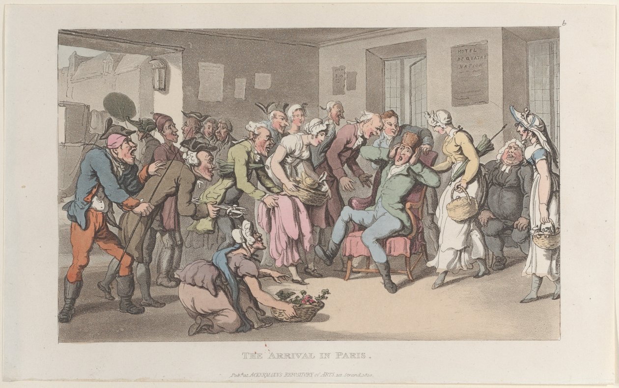 De Aankomst in Parijs, uit Journal of Sentimental Travels in the Southern Provinces of France, 1820 door Thomas Rowlandson