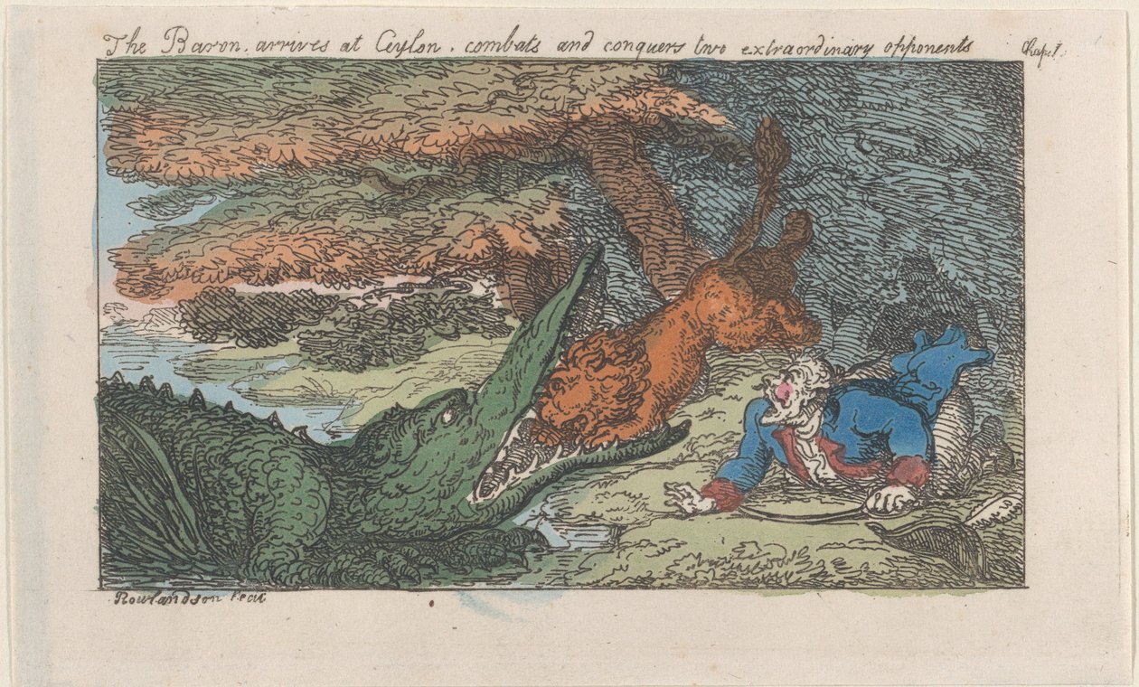 De baron arriveert in Ceylon, vecht en overwint twee buitengewone tegenstanders, [1809], heruitgegeven 1811 door Thomas Rowlandson