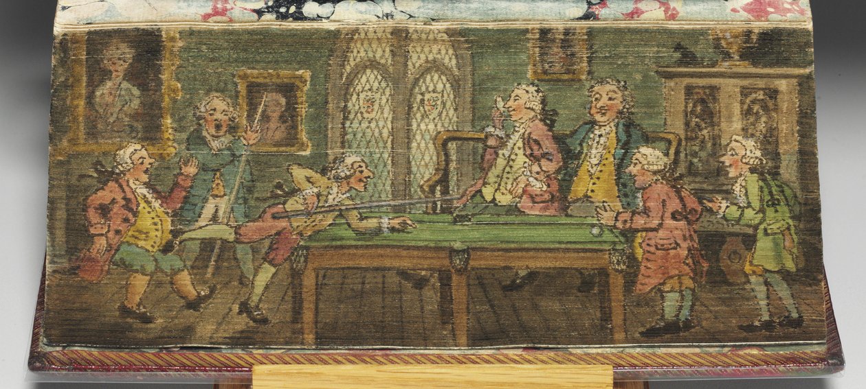 Het Boek van Gemeenschappelijk Gebed, detail van een voorrand schilderij van Een biljartspel door Thomas Rowlandson