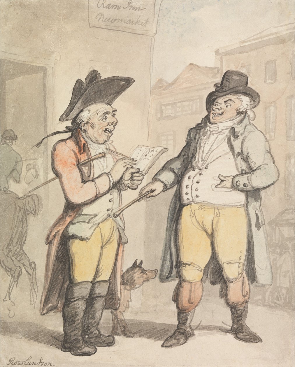 De bookmaker en zijn klant voor de Ram Inn in Newmarket door Thomas Rowlandson
