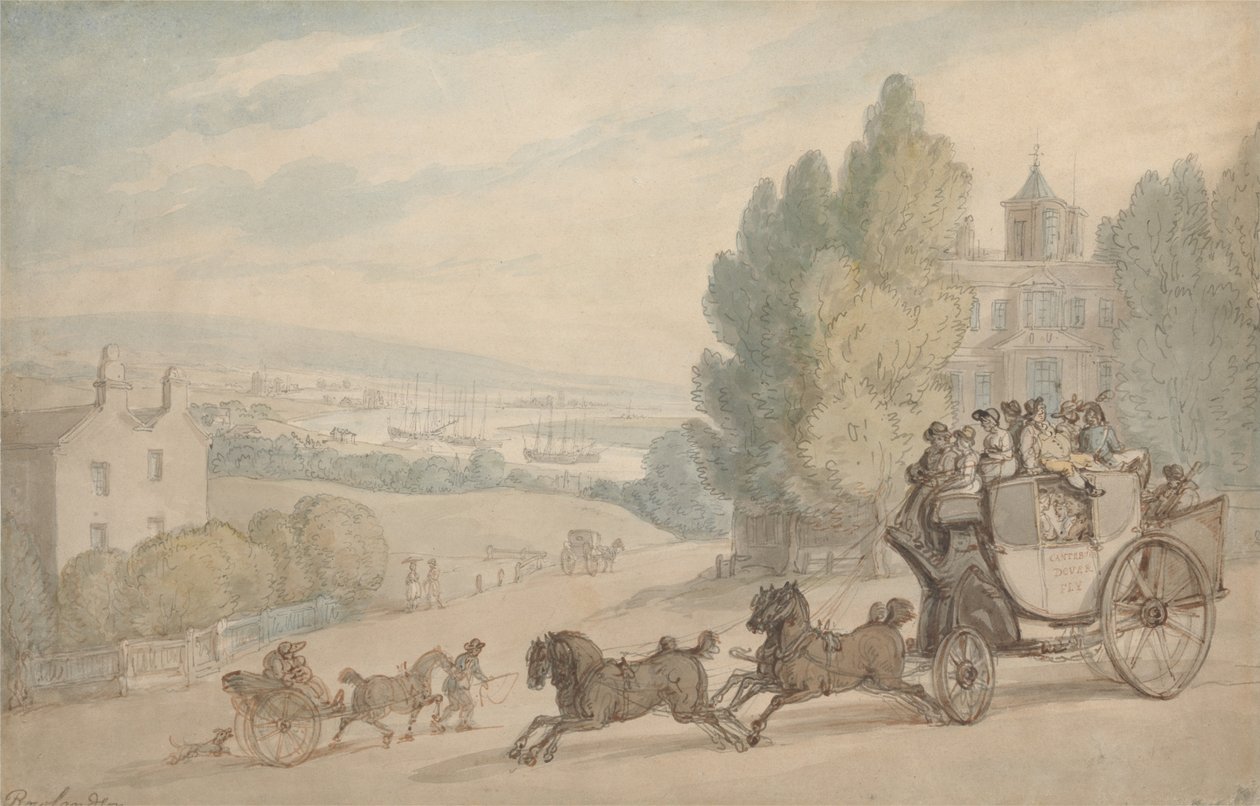 De postkoets van Canterbury naar Dover rijdt langs Vanbrugh Castle door Thomas Rowlandson