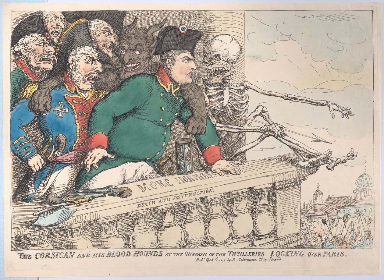 De Corsicaan en Zijn Bloedhonden bij het Raam van de Thuilleries Kijken Over Parijs, 16 april 1815 door Thomas Rowlandson