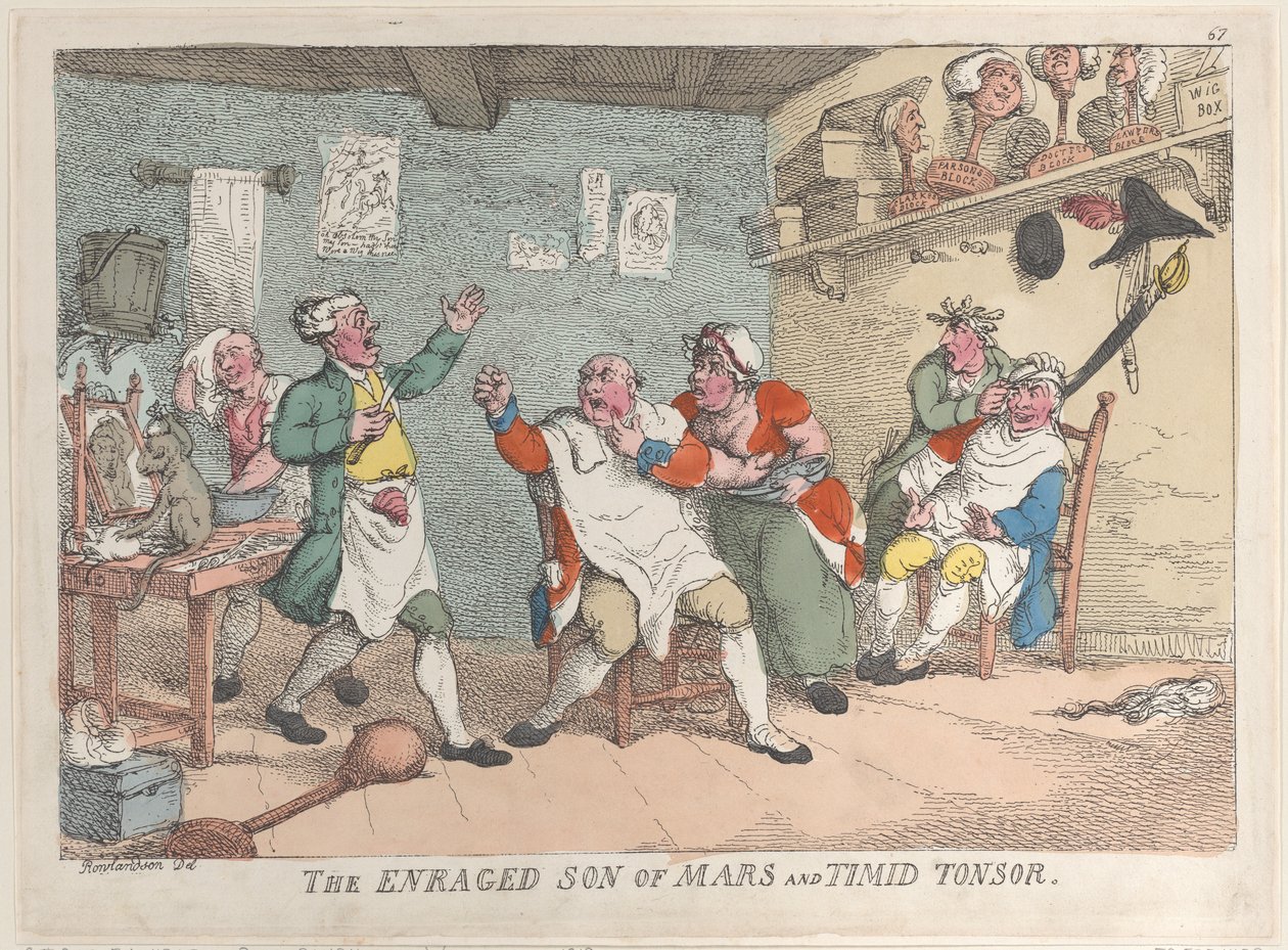 De woedende zoon van Mars en bange Tonsor, 20 april 1811 door Thomas Rowlandson