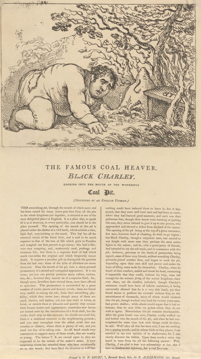 De beroemde zwarte kolenploeger, Black Charley, die in de opening van de prachtige kolenmijn kijkt door Thomas Rowlandson