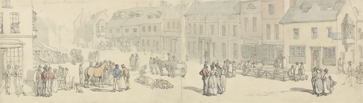 De Hoofdstraat op Marktdag, Newport, Isle of Wight, ca. 1797-1800 (pen & inkt & aquarel op papier) door Thomas Rowlandson