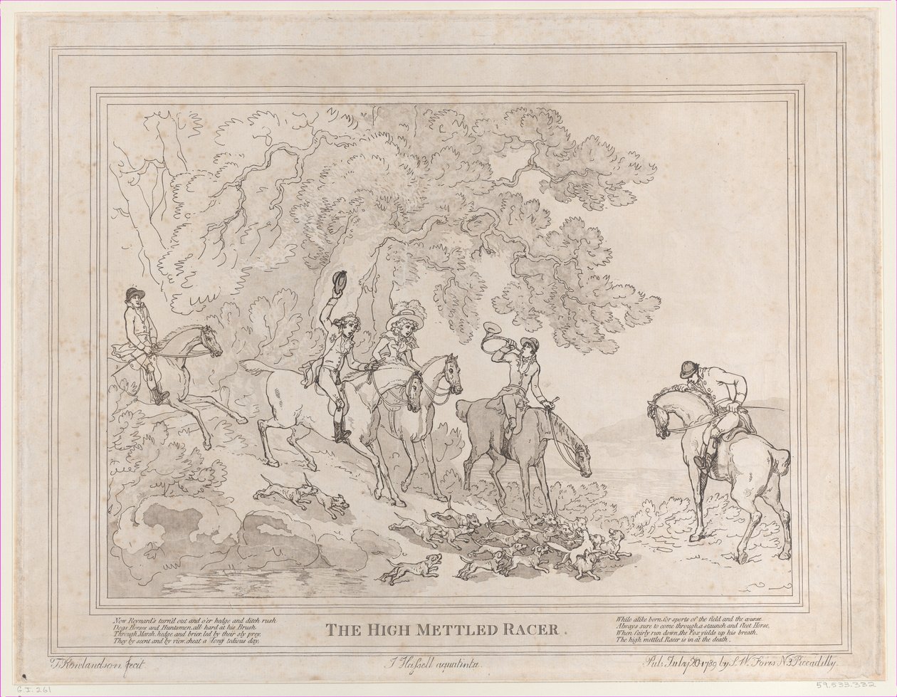 De jager uit Het leven van een renpaard, of De hoogmoedige racer, 20 juli 1789 door Thomas Rowlandson