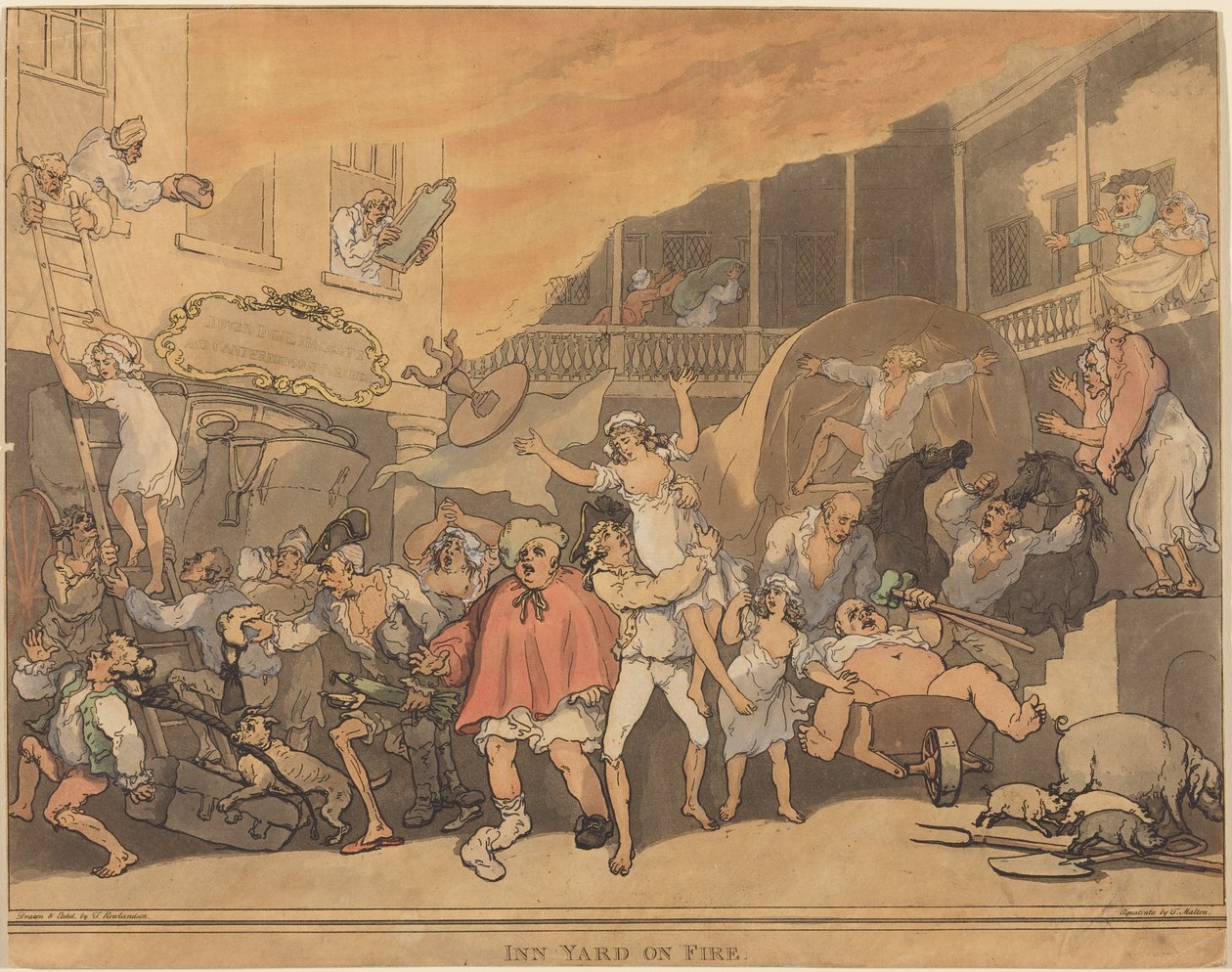 De herbergplaats in brand door Thomas Rowlandson