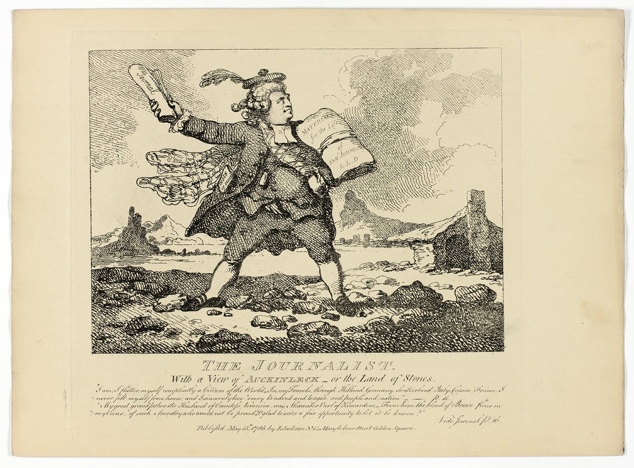 De journalist, uit Boswells Tour of the Hebrides door Thomas Rowlandson