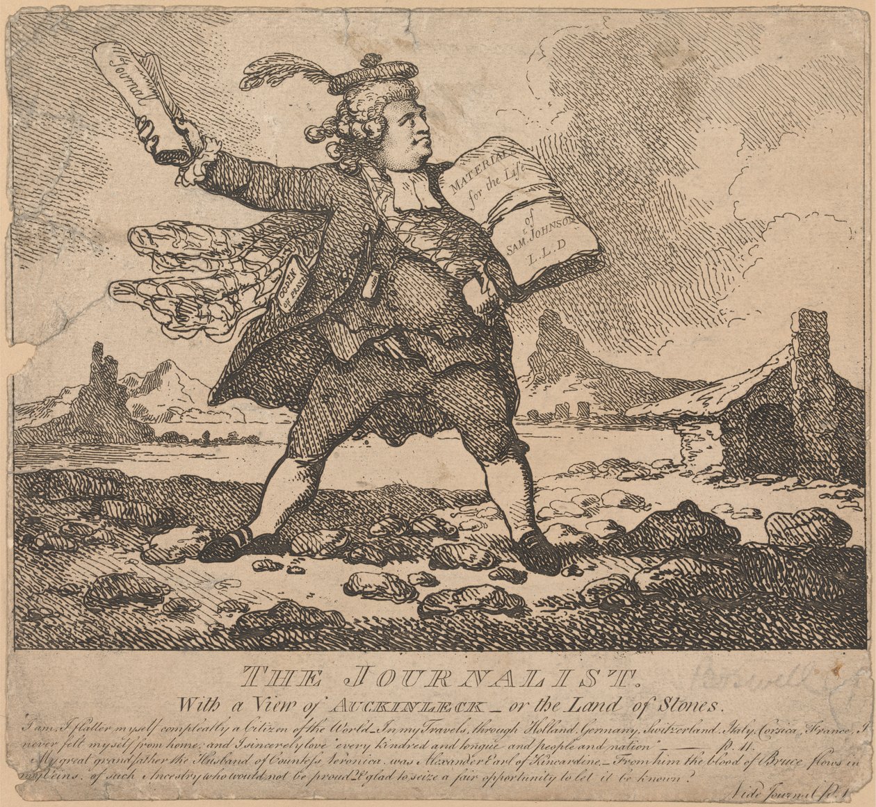 De journalist, met een uitzicht op Auchinleck of het land van stenen door Thomas Rowlandson