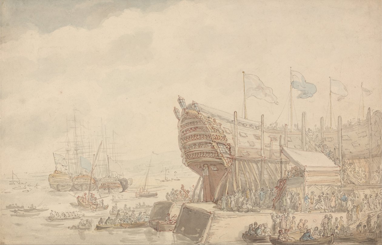 De Te Water Lating van H.M.S. Hibernia 1804 door Thomas Rowlandson