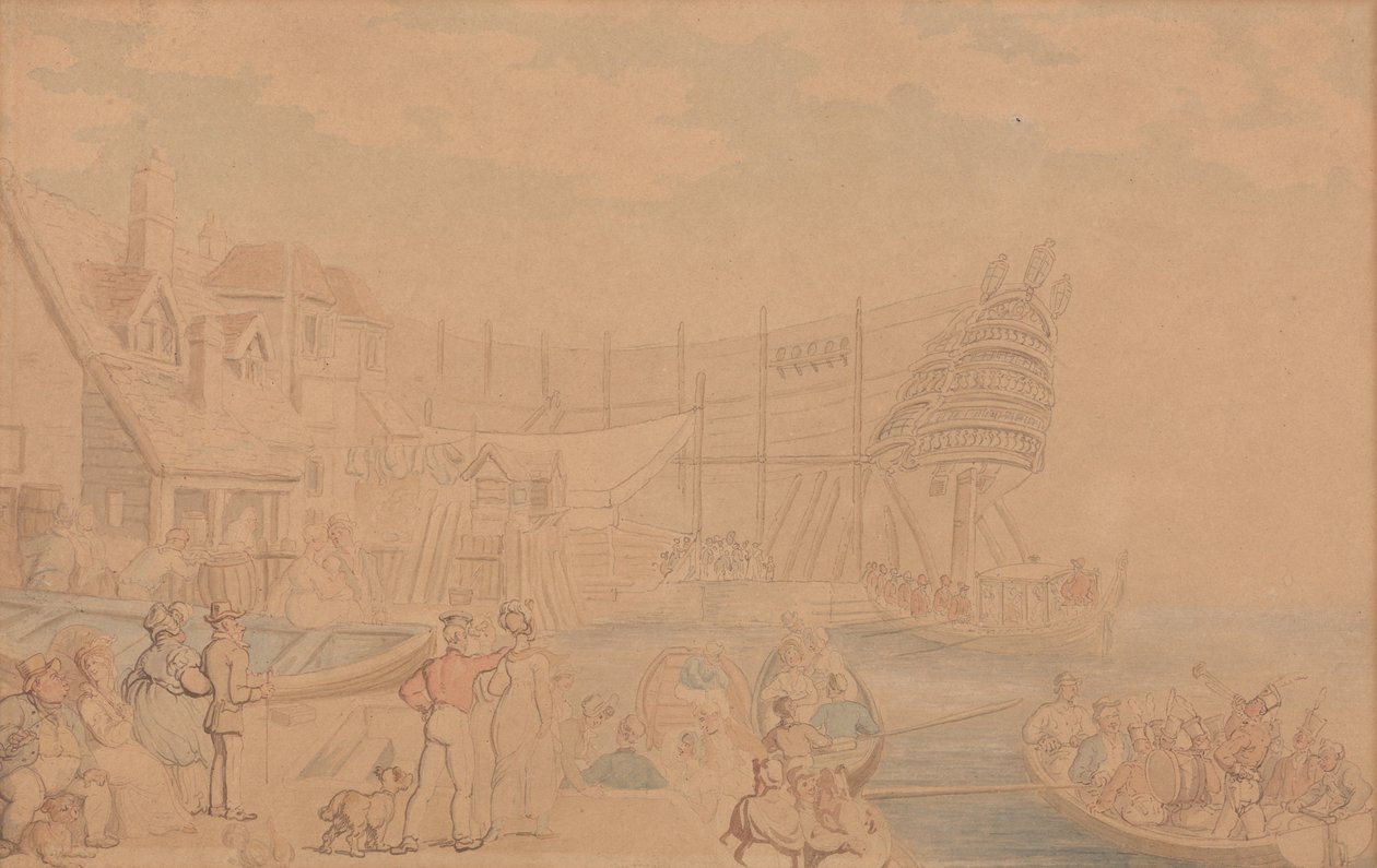 De tewaterlating van een schip door Thomas Rowlandson