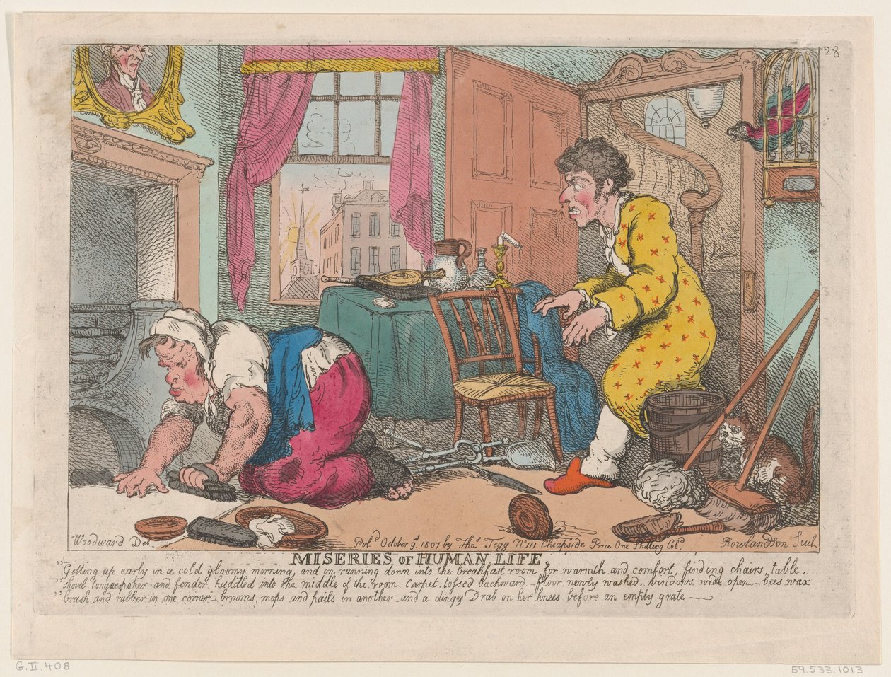De ellende van het menselijk leven: Vroeg opstaan op een koude sombere ochtend, 9 oktober 1807 door Thomas Rowlandson