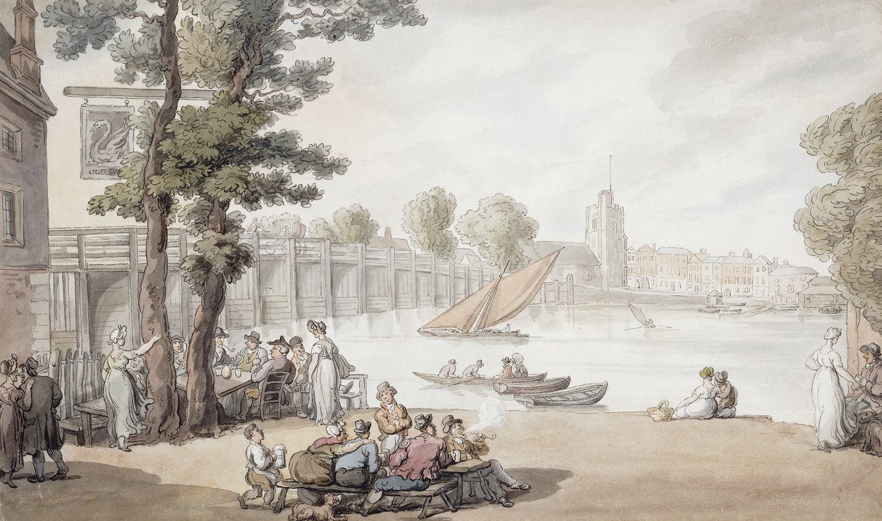 De Oude Zwaan Herberg, met een Uitzicht op de Putney Brug door Thomas Rowlandson