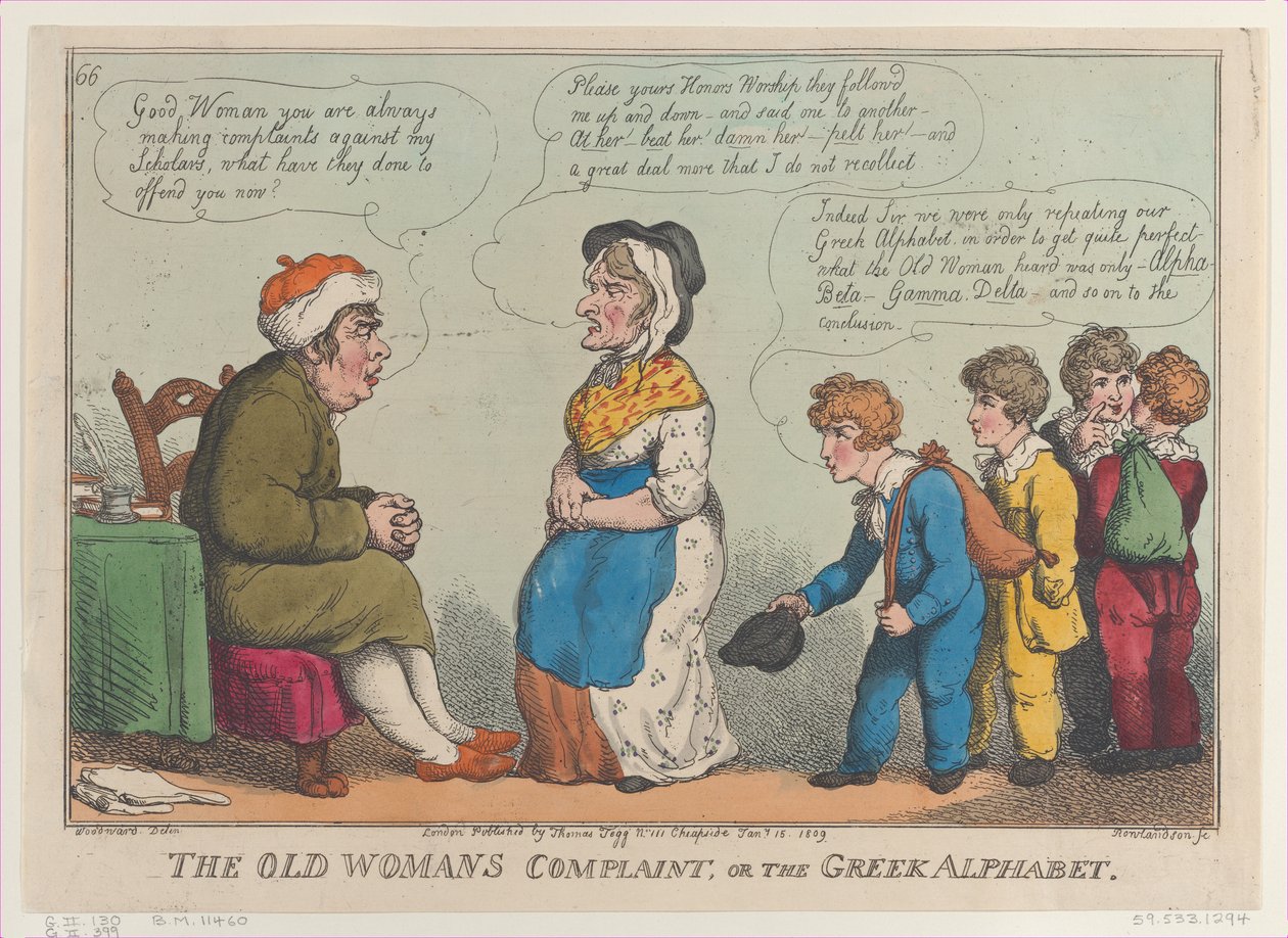 De klacht van de oude vrouw, of het Griekse alfabet door Thomas Rowlandson