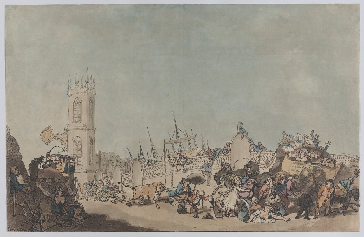 De Overdrove Ox (De gekke stier op Westminster Bridge) door Thomas Rowlandson