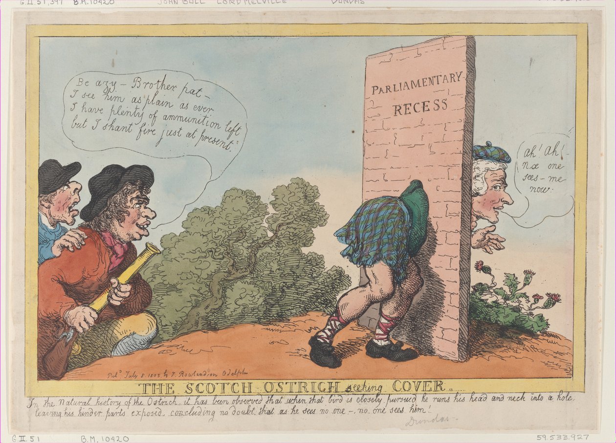 De Schotse struisvogel zoekt dekking, 8 juli 1805 door Thomas Rowlandson