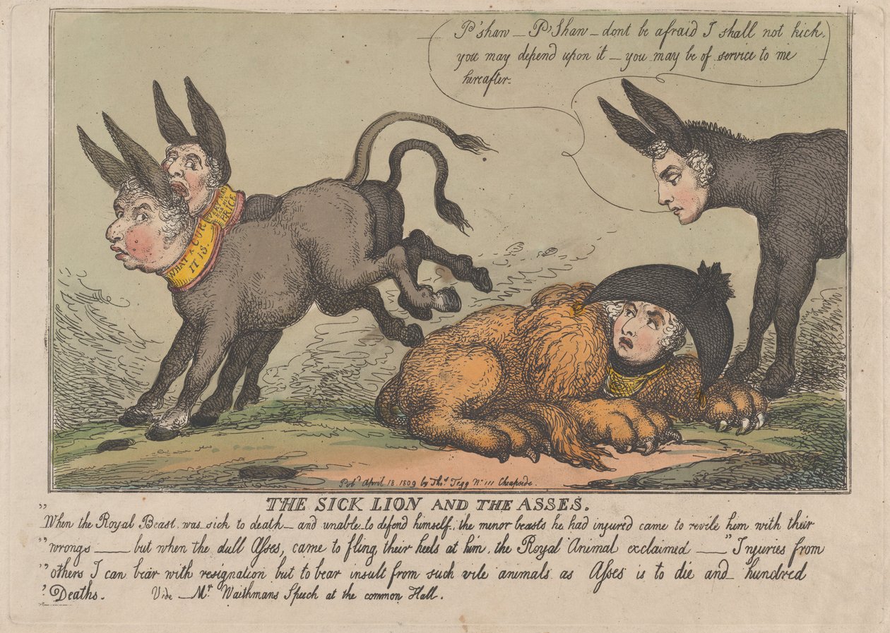 De zieke leeuw en de ezels door Thomas Rowlandson