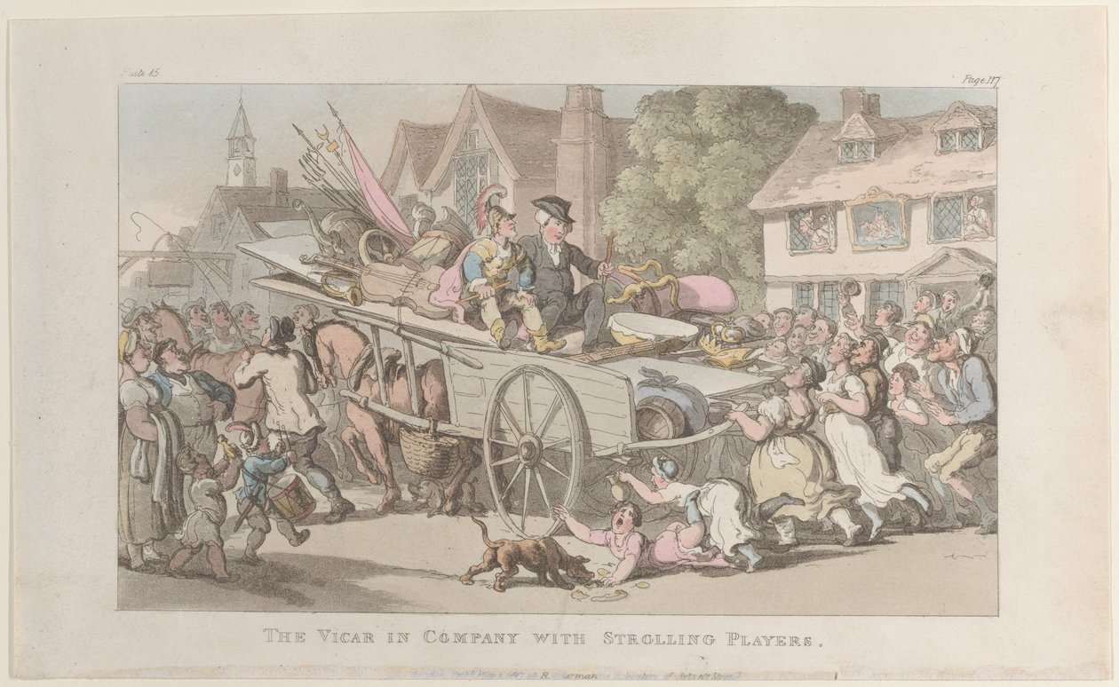 De Dominee in gezelschap van Rondtrekkende Spelers, uit De Dominee van Wakefield, 1 mei 1817 door Thomas Rowlandson