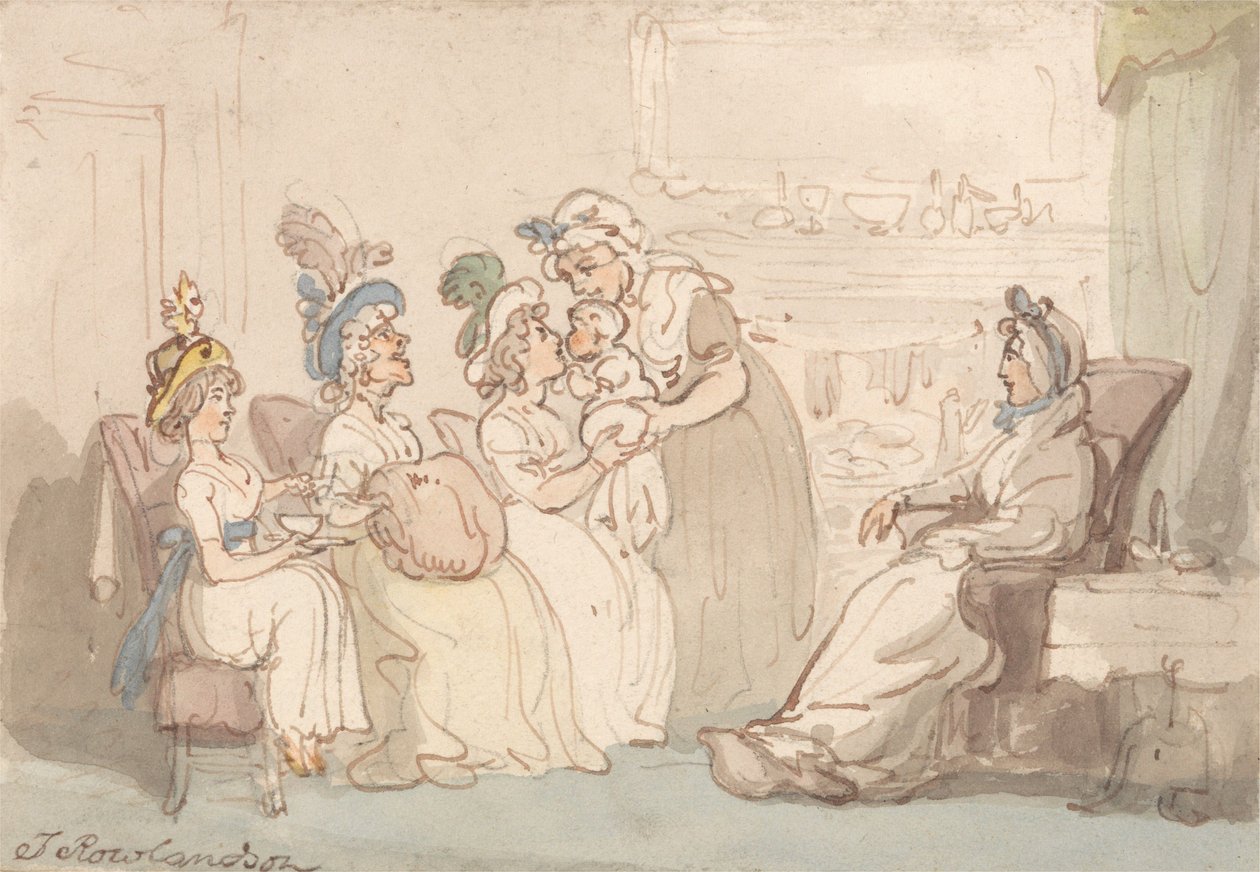 De bezoekers krijgen de baby te zien door Thomas Rowlandson