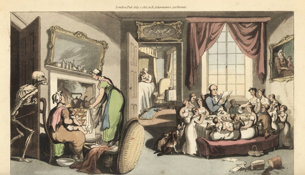 De skelet van de Dood verschijnt in de woonkamer van een groot gezin om een kind of pasgeboren baby te halen. Handgekleurde kopergravure door Thomas Rowlandson uit The English Dance of Death, Ackermann, Londen door Thomas Rowlandson