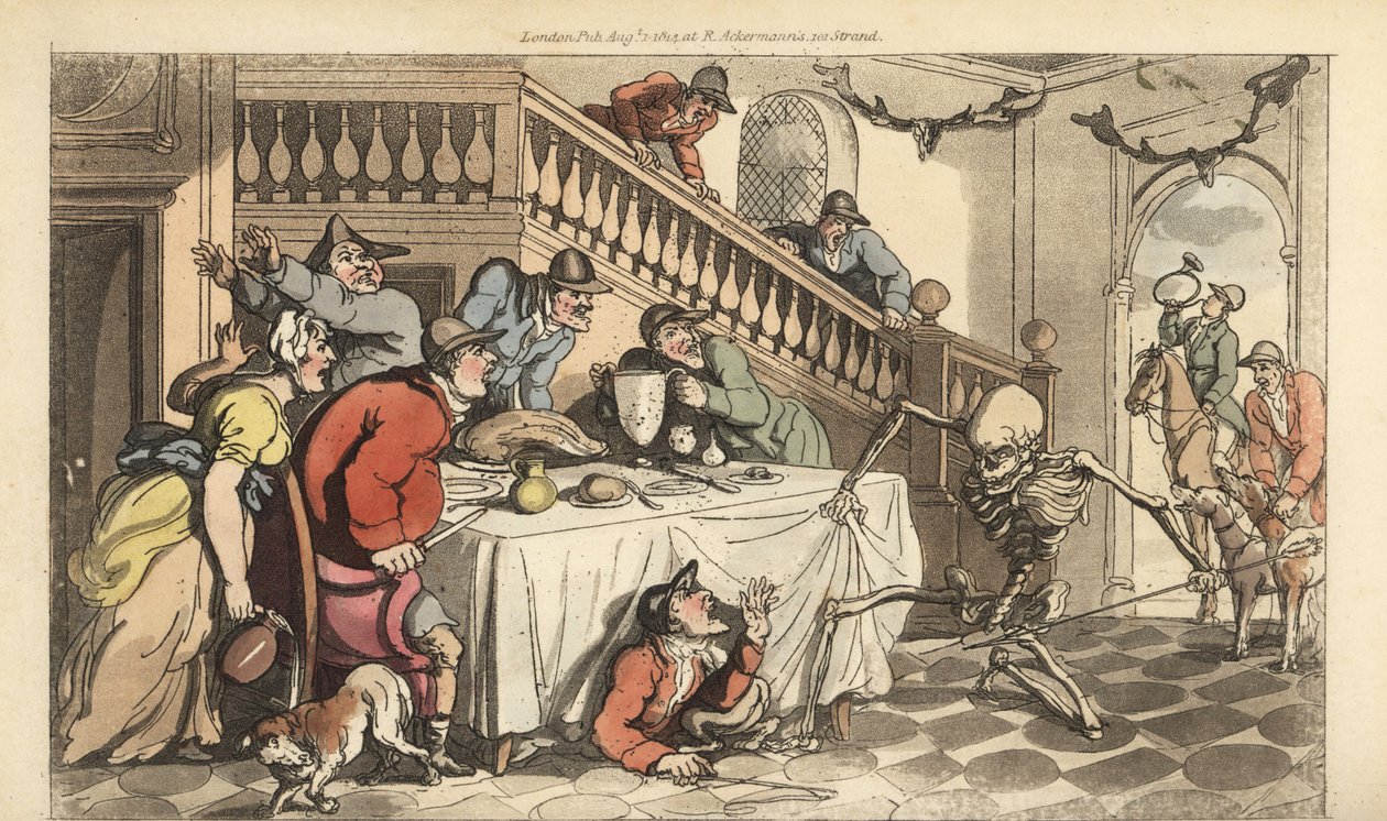 Het skelet van de Dood komt voor een Jager terwijl hij zich onder een tafel verstopt na een vossenjacht. Handgekleurde kopergravure getekend en gegraveerd door Thomas Rowlandson uit The English Dance of Death, Ackermann, Londen door Thomas Rowlandson
