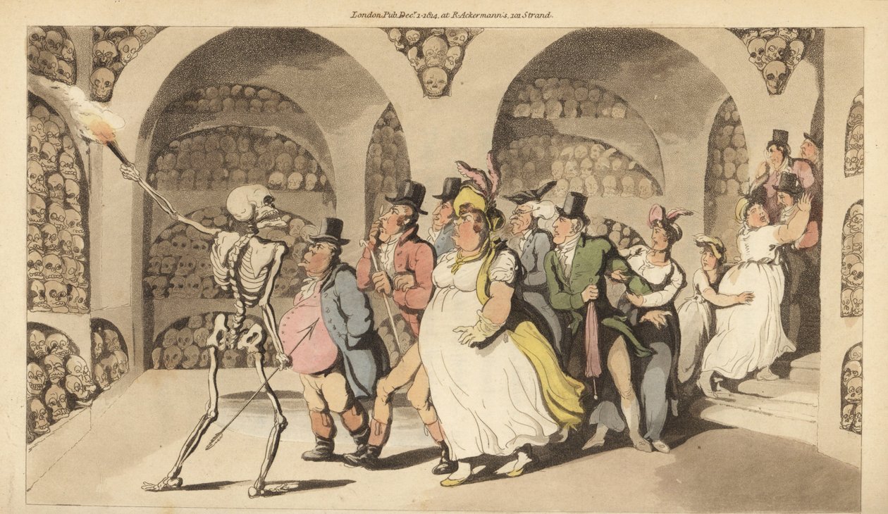 Het skelet van de Dood leidt een groep toeristen door de Catacomben in Parijs. Handgekleurde kopergravure getekend en gegraveerd door Thomas Rowlandson uit The English Dance of Death, Ackermann, Londen door Thomas Rowlandson