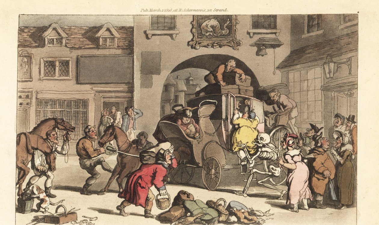 De skelet van de Dood helpt een grote matrone op het fatale laatste podium. Handgekleurde kopergravure getekend en gegraveerd door Thomas Rowlandson uit The English Dance of Death, Ackermann, Londen door Thomas Rowlandson
