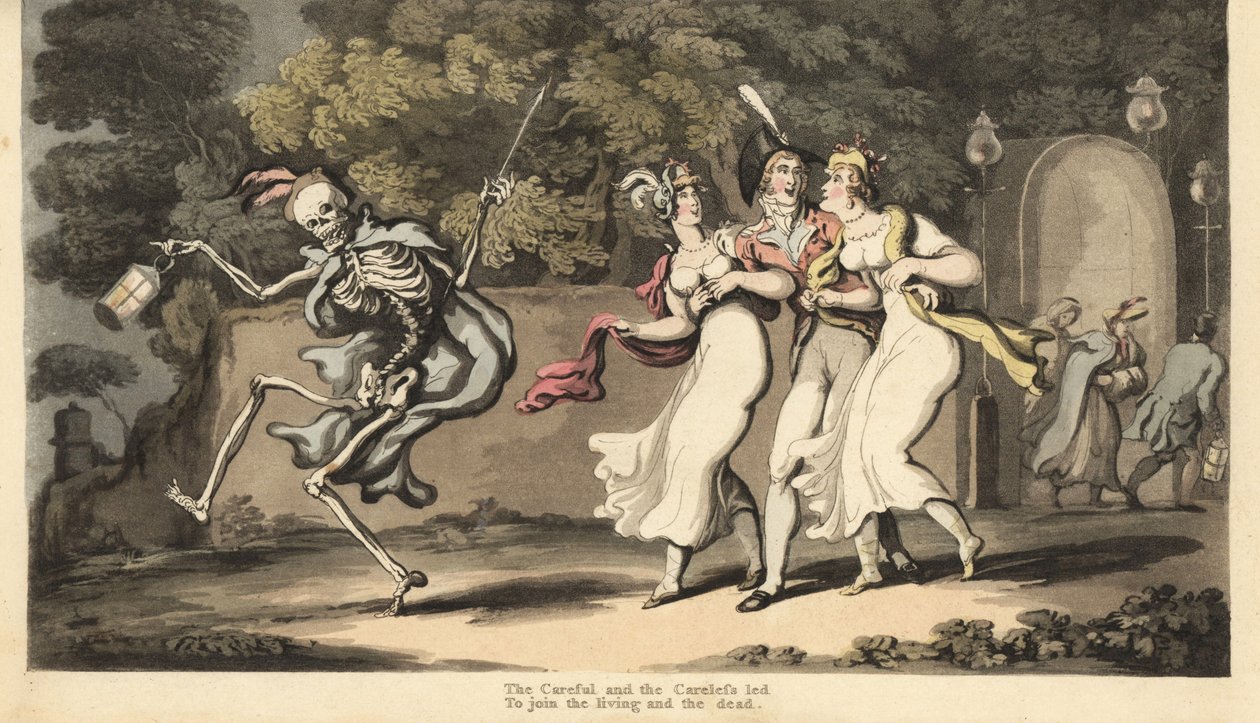 Het skelet van de Dood in mantel en hoed danst met een lantaarn voor een dandy in uniform en twee schoonheden in mousseline jurken en sjaals door Thomas Rowlandson