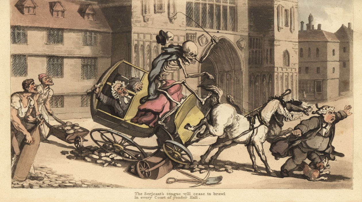 Het skelet van de Dood in mantel en muts bestuurt een tweespan dat crasht in wegwerkzaamheden en zijn passagier, een gerechtsdeurwaarder, doodt. Handgekleurde kopergravure getekend en gegraveerd door Thomas Rowlandson uit The English Dance of Death, Ackerm door Thomas Rowlandson