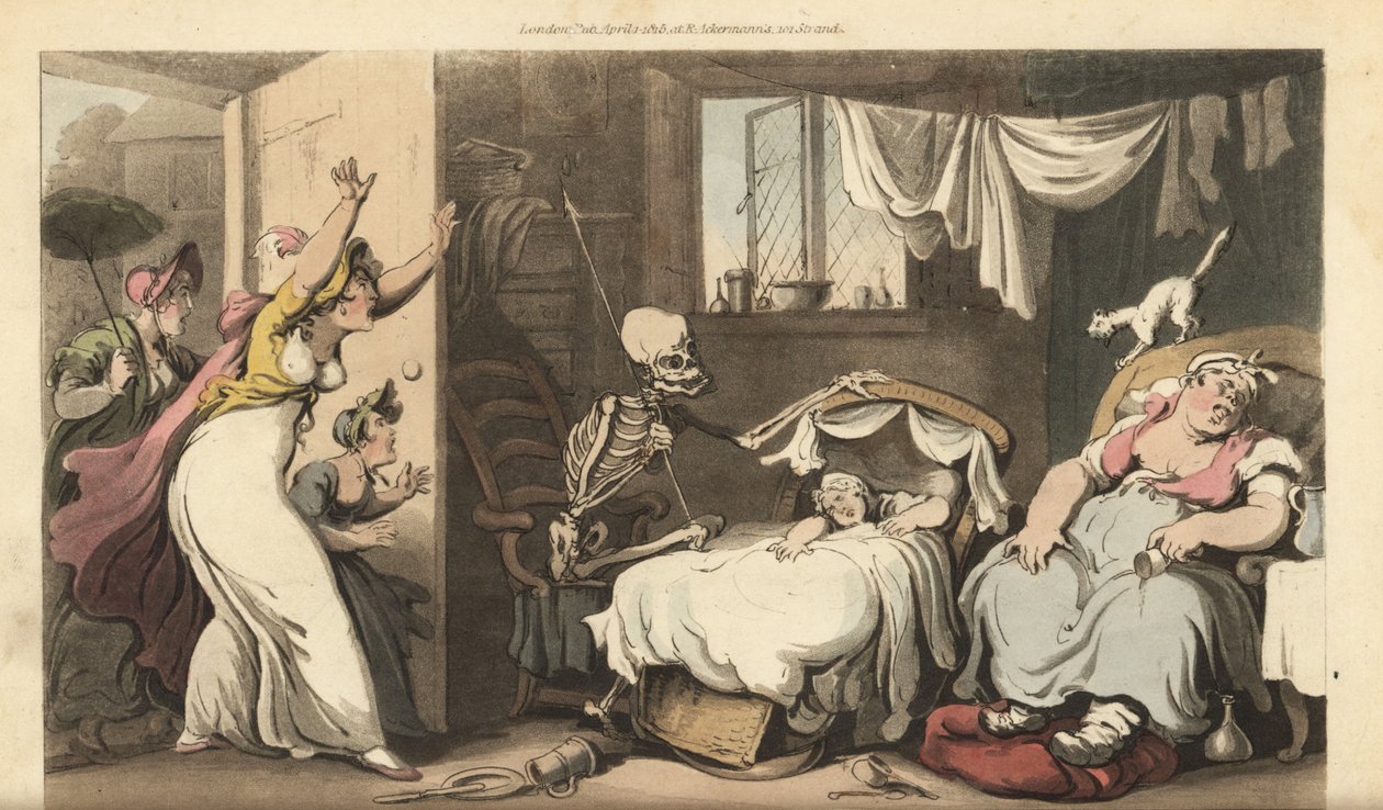 Het skelet van de Dood wiegt de wieg van een baby terwijl de oppas slaapt en de ontredderde moeder thuiskomt. Handgekleurde kopergravure getekend en gegraveerd door Thomas Rowlandson uit The English Dance of Death, Ackermann, Londen door Thomas Rowlandson