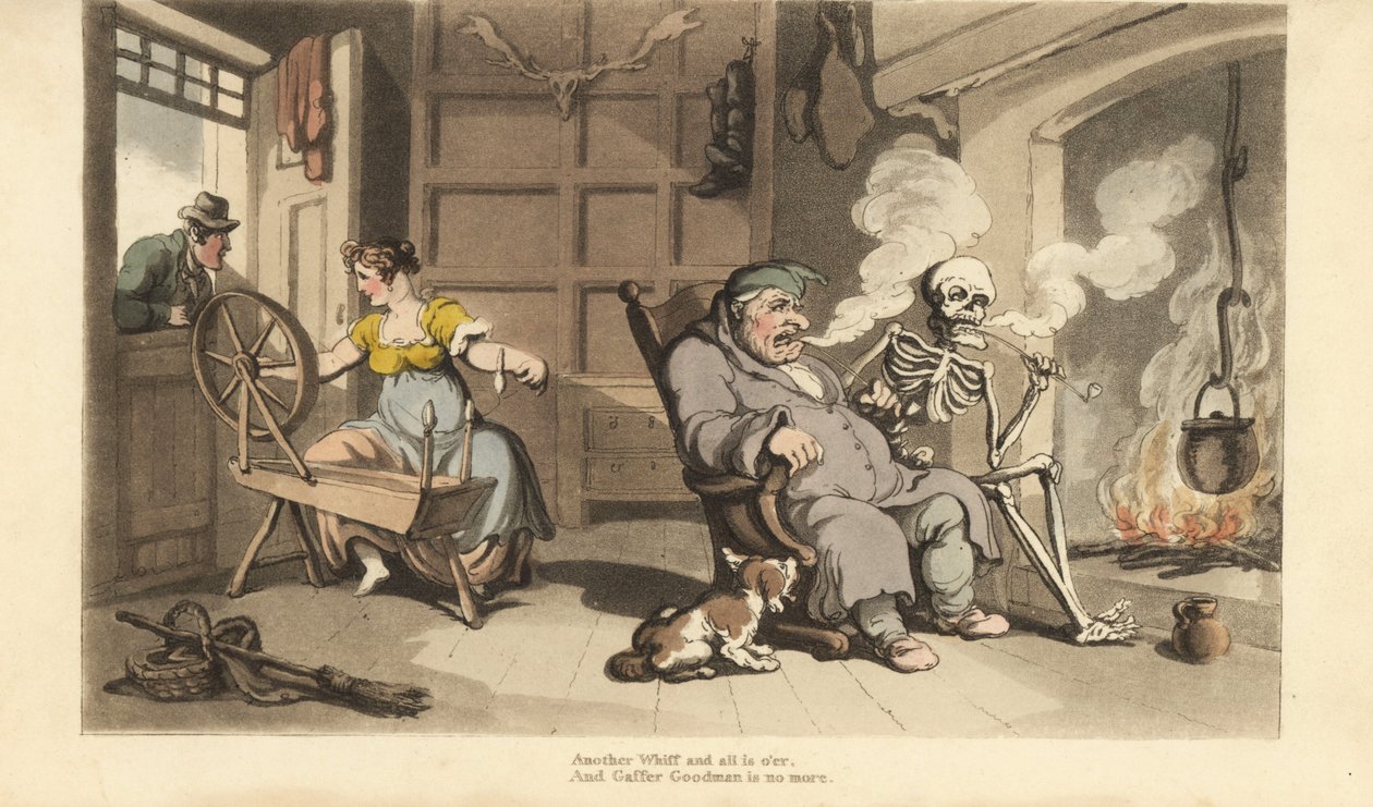 De skelet van de Dood rookt een pijp bij de haard met oude Gaffer Goodman, terwijl zijn jonge vrouw wordt verleid door een minnaar bij het raam. Handgekleurde kopergravure getekend en gegraveerd door Thomas Rowlandson uit The English Dance of Death, Ackerm door Thomas Rowlandson