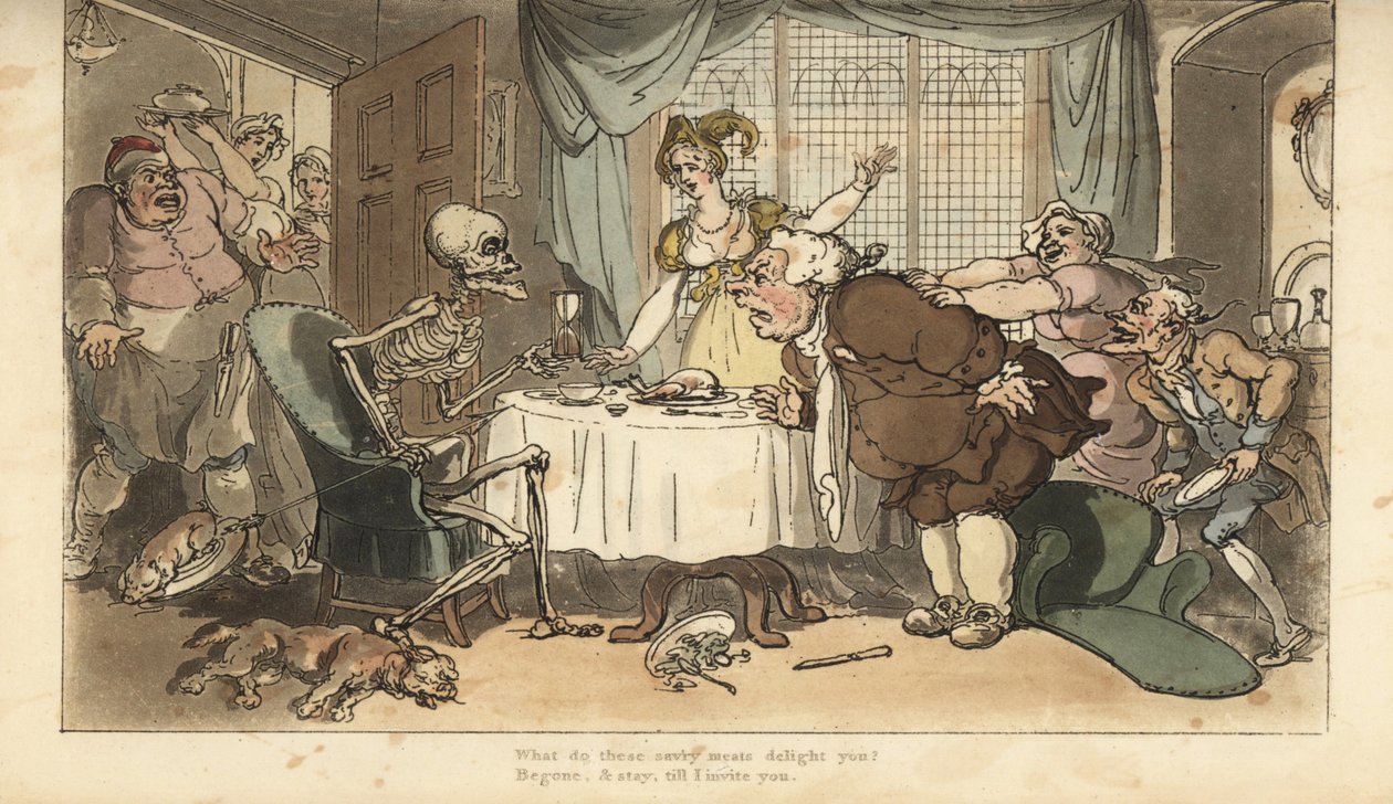 De skelet van de Dood met pijl en zandloper komt voor de gulzigaard tijdens het diner. Handgekleurde kopergravure getekend en gegraveerd door Thomas Rowlandson uit The English Dance of Death, Ackermann, Londen door Thomas Rowlandson