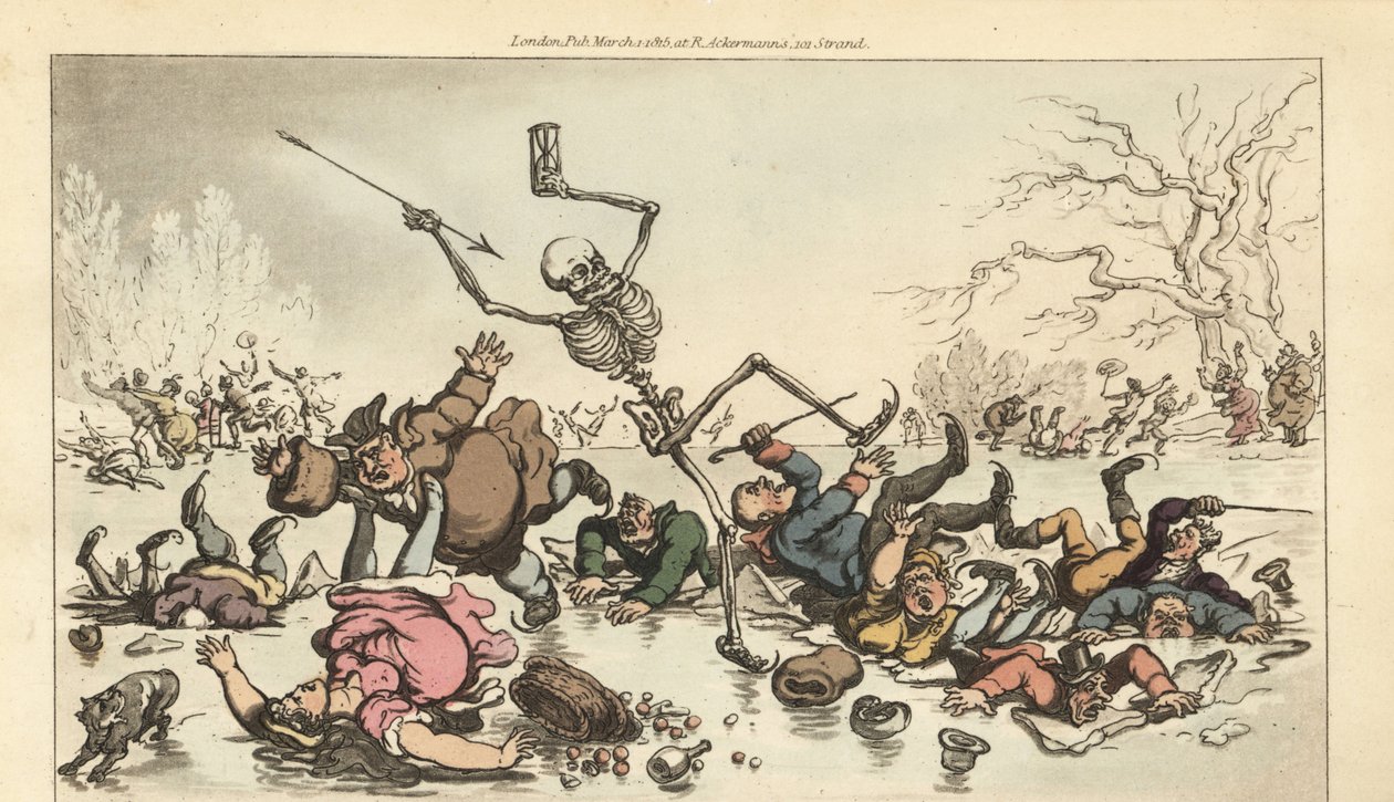 Het skelet van de Dood met pijl en zandloper schaatsend op een bevroren vijver terwijl andere schaatsers door het gebroken ijs vallen. Handgekleurde kopergravure getekend en gegraveerd door Thomas Rowlandson uit The English Dance of Death, Ackermann, Londe door Thomas Rowlandson