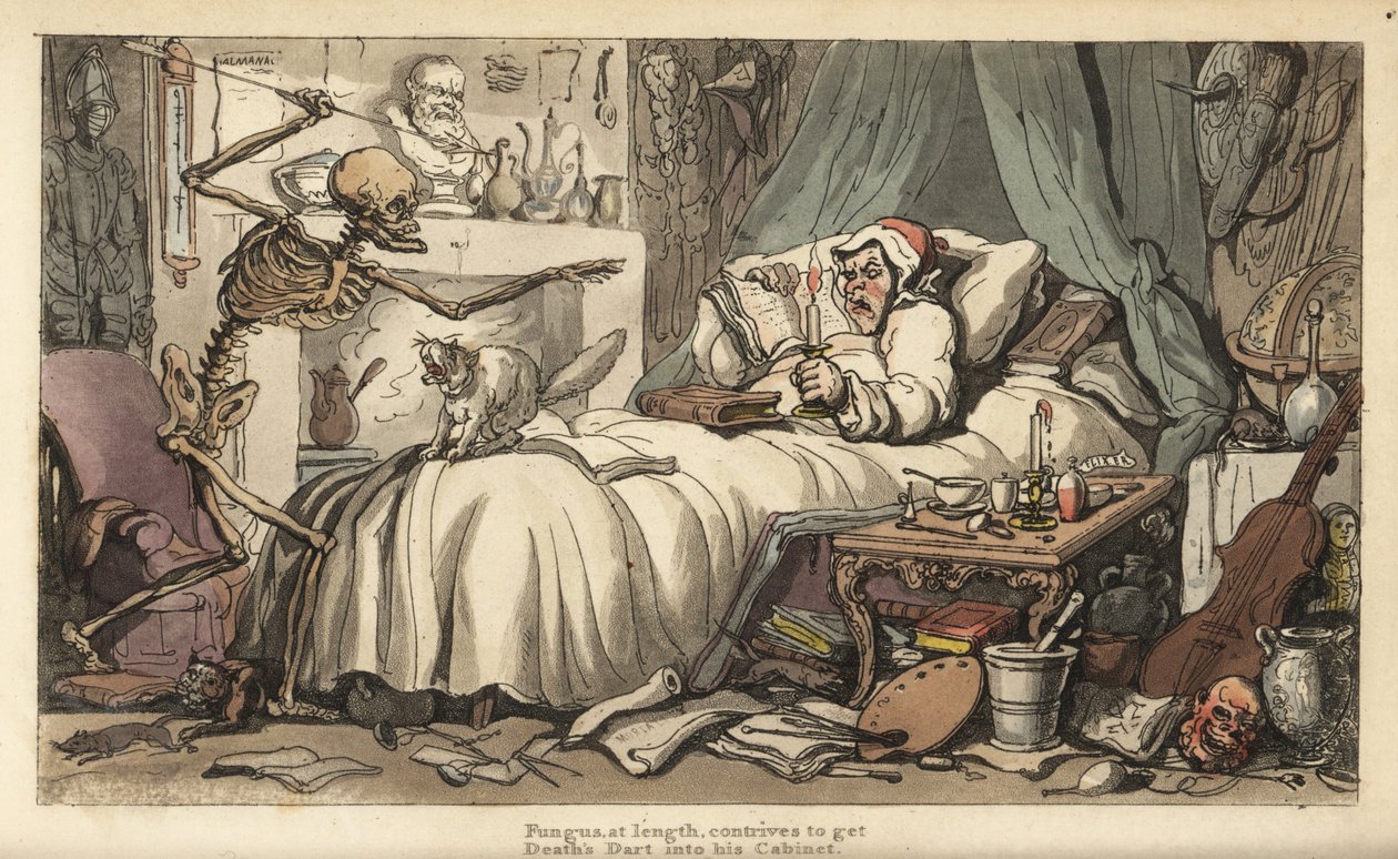 De skelet van de Dood met de antiquair in een slaapkamer gevuld met muziekinstrumenten, boeken, manuscripten, harnassen, een globe, een buste, ratten, enz. door Thomas Rowlandson