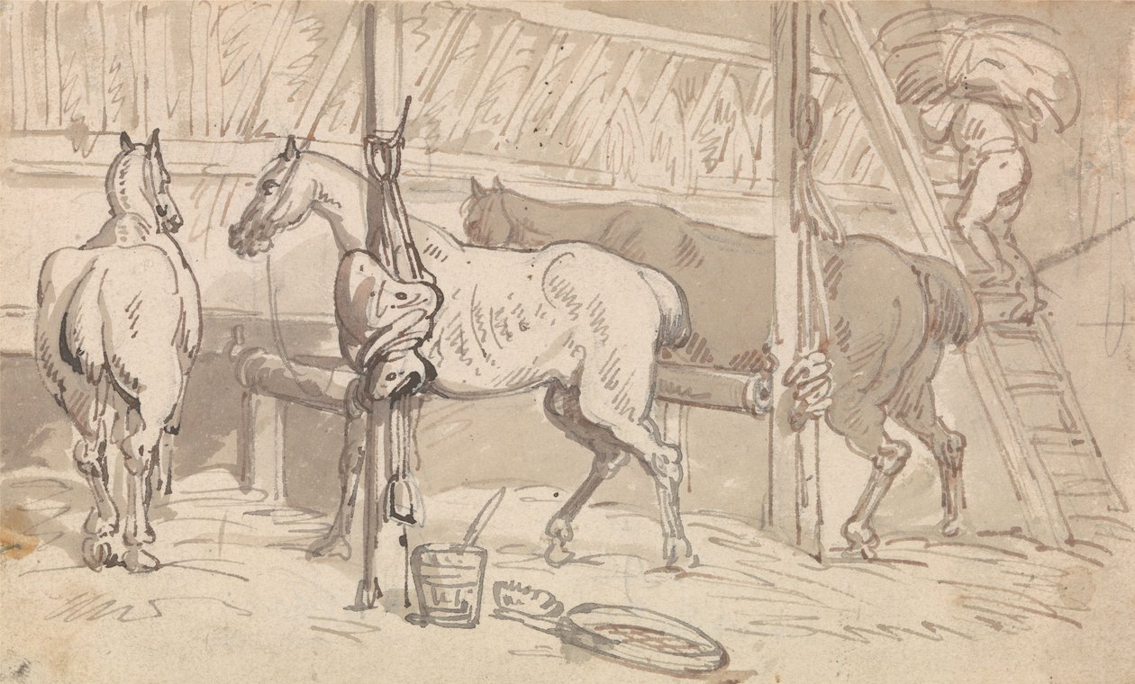 Drie paarden in boxen door Thomas Rowlandson