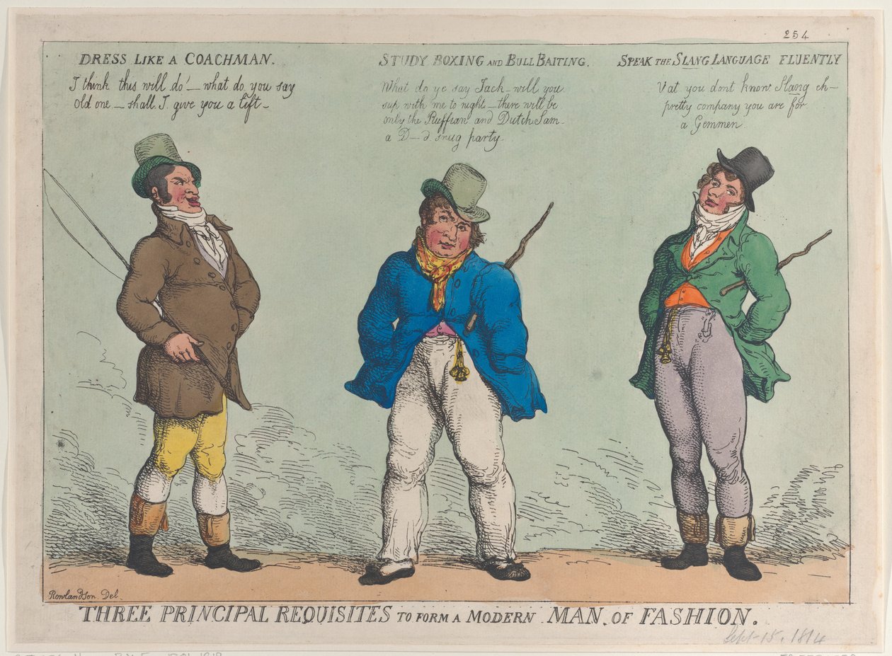 Drie belangrijkste vereisten om een moderne mode man te vormen, 15 september 1814 door Thomas Rowlandson