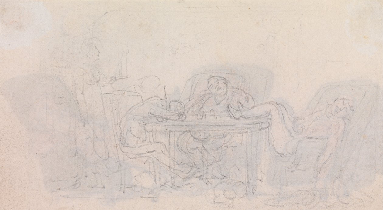 Drie Sportmannen die aan de Tafel in hun Stoelen Slapen door Thomas Rowlandson