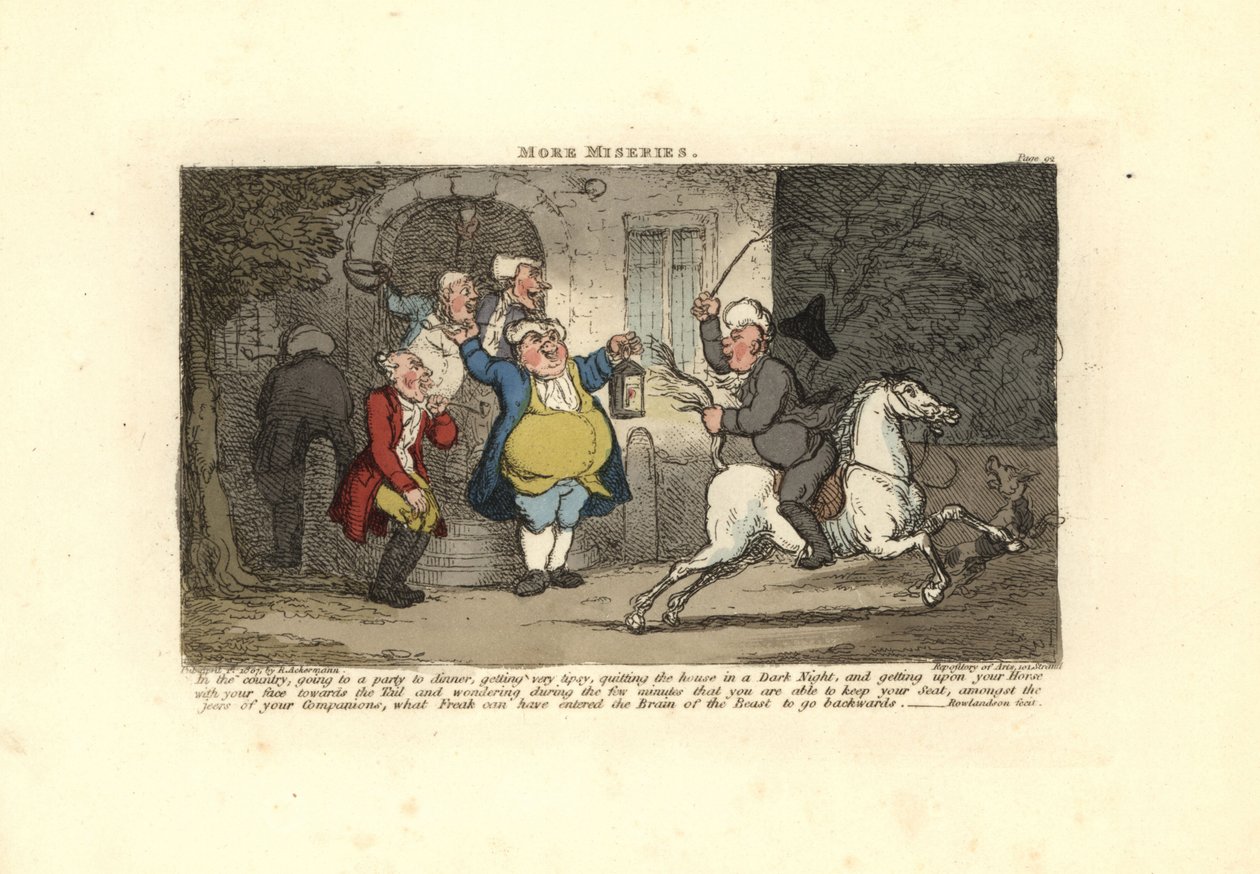 Tipsy man die een paard rijdt met het gezicht naar de staart door Thomas Rowlandson