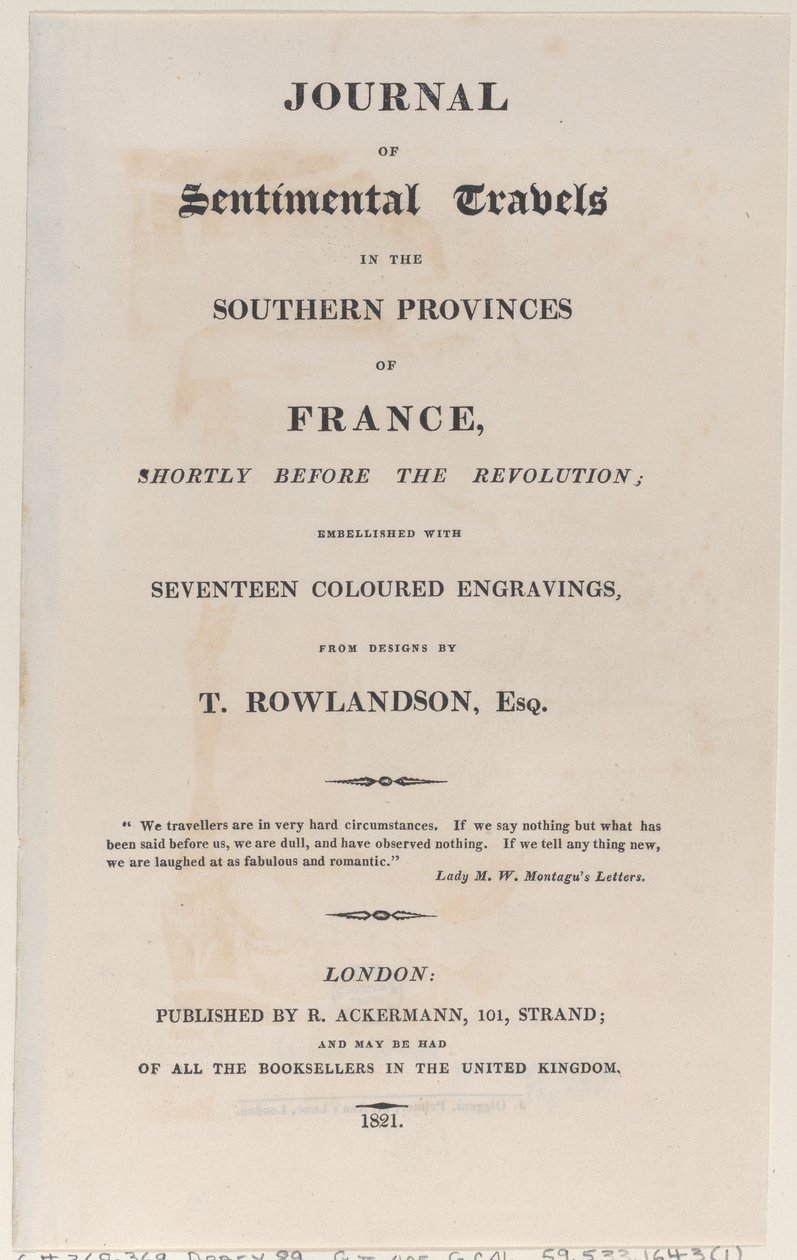 Titelpagina, uit Journal of Sentimental Travels in the Southern Provinces of France door Thomas Rowlandson