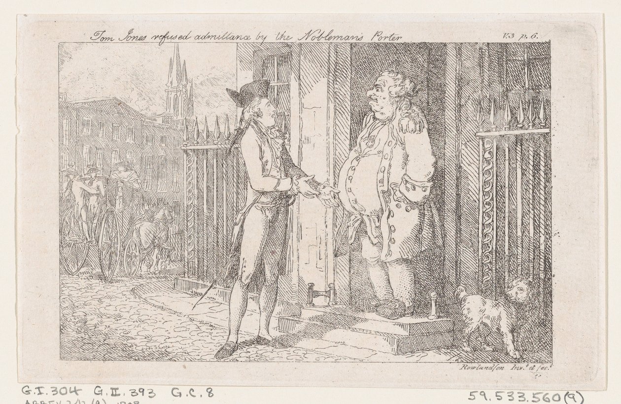Tom Jones geweigerd door de portier van de edelman, uit De geschiedenis van Tom Jones, een F..., 1792 door Thomas Rowlandson