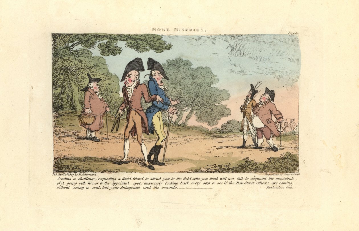 Twee Regency heren op het punt een duel met pistolen te vechten door Thomas Rowlandson