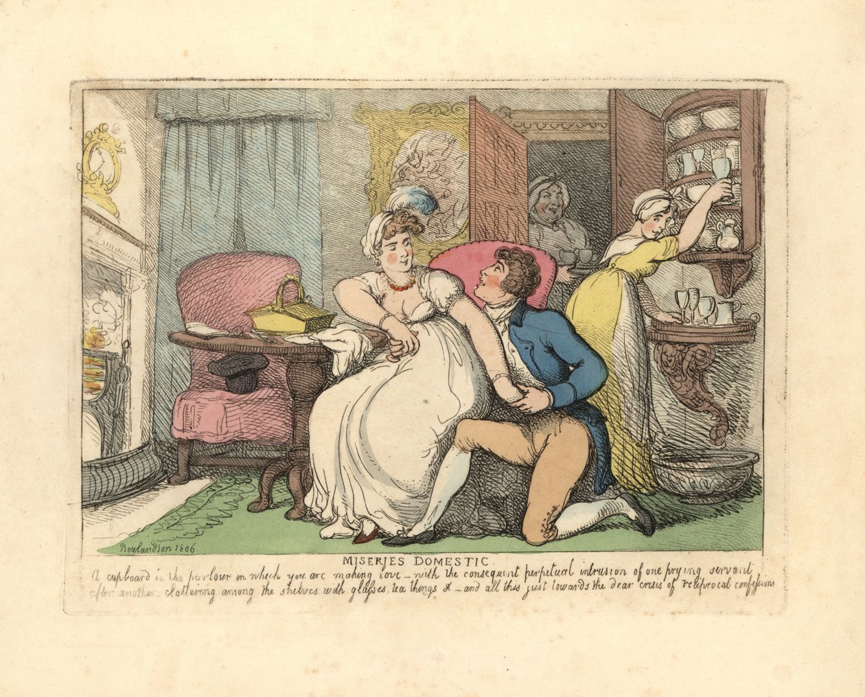 Twee geliefden in een salon gestoord door nieuwsgierige dienstmeisjes door Thomas Rowlandson