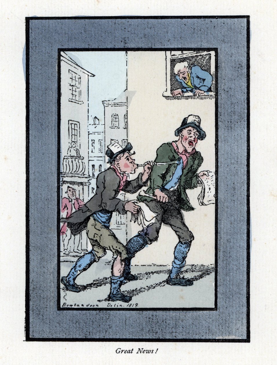 Twee krantenverkopers met lange fluitjes die kranten verkopen in een straat in Londen. Houtsnede, gebaseerd op een schilderij door Thomas Rowlandson (1756-1827), gepubliceerd in The Cris of London: met zes charmante kinderen en bijna 40 illustraties, door  door Thomas Rowlandson