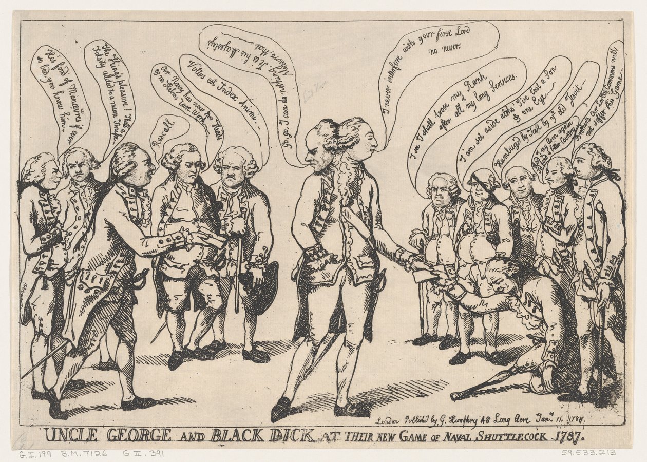Oom George en Zwarte Dick bij hun nieuwe spel van marine-shuttlecock, 11 januari 1787 door Thomas Rowlandson