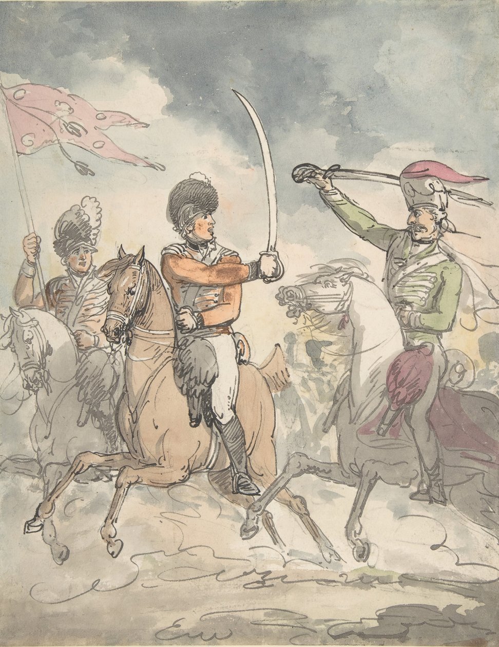 Ongebruikte studie voor een plaat naar Hongaarse en Hooglandse Broadsword-oefening, 12 februari 1799 door Thomas Rowlandson.
